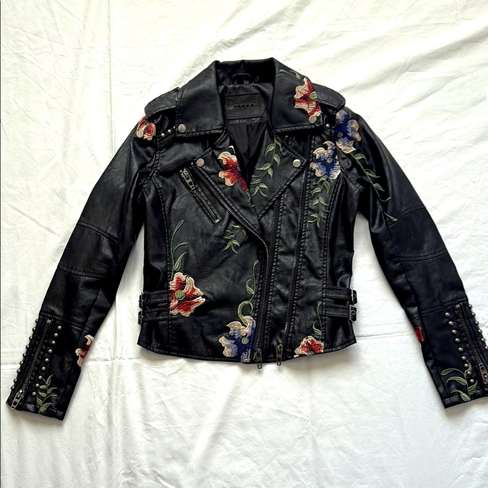 [BLANKNYC] Black faux leather embroidered biker jacket